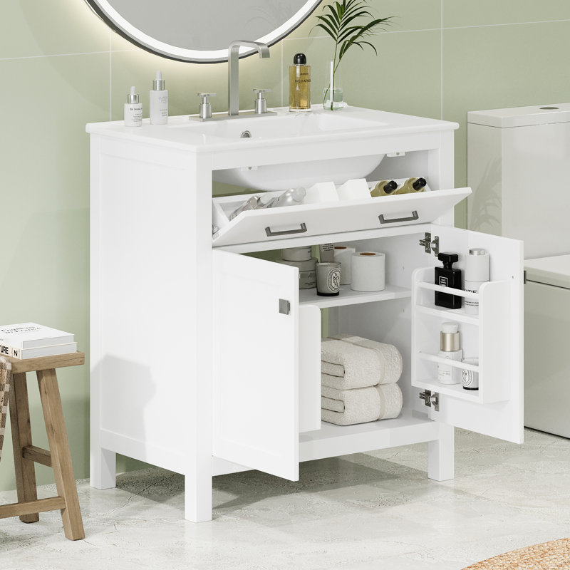 Armoire de salle de bain 30 po avec lavabo en céramique, 2 portes et tablette blanches modernes, porte à fermeture douce, portes de meuble-lavabo contemporaines de 30 po avec structure solide et structure ferme