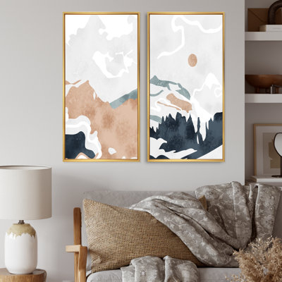 Ensemble de 2 impressions graphiques - Montagne pleine lune dans un paysage abstrait rétro II