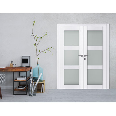 Palladio 3 Lite Manufactured Wood and Frosted Glass Interior Double Prehung Door
