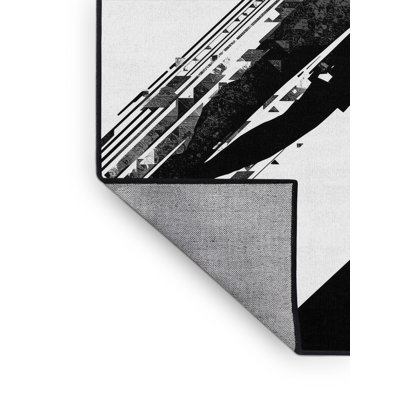 Machine Washable Medford Soccer Goalie Save Modern Geometric Rug in Gray – Black Binding