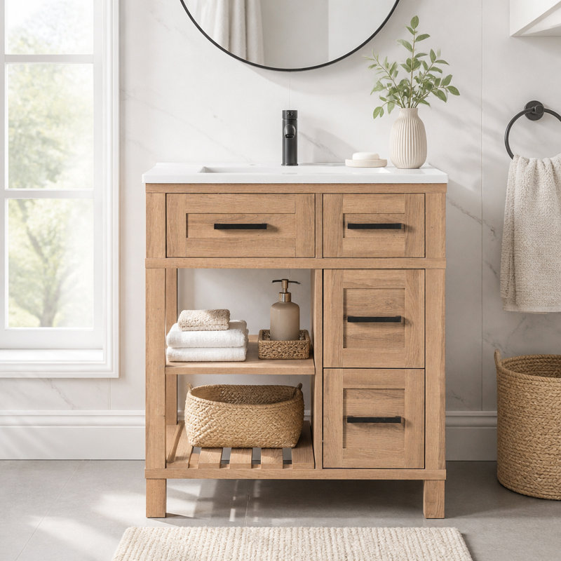 Freestanding Standard Single Vanity Bathroom Vanity With Resin Top
