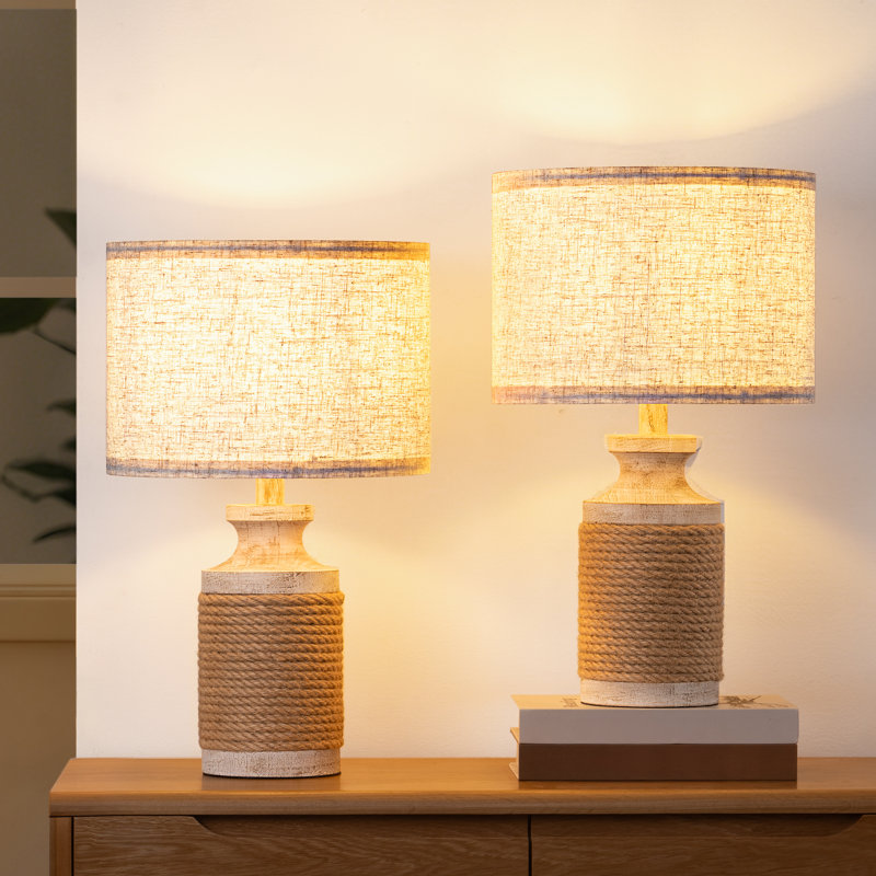 18.1" Solid Wood Table Lamp With Hemp Rope For Bedrooms, Living Rooms, Or Reading Corners