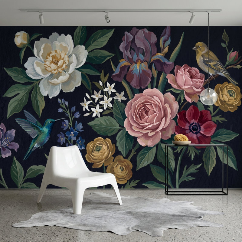 Papier peint floral foncé foncé, 120 po x 96 po, Non tissé