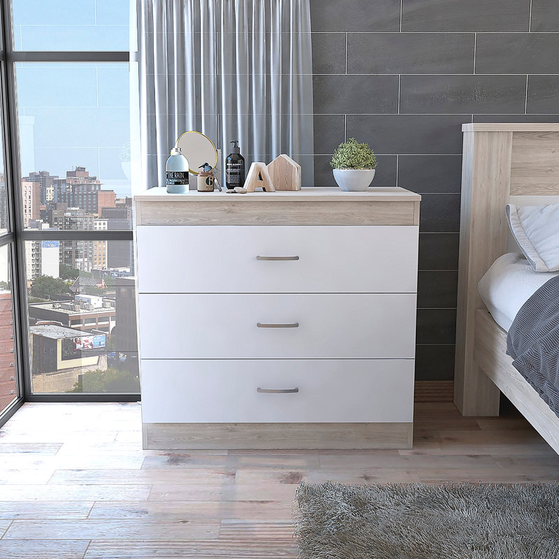 Commode à trois tiroirs, Blanc, gris et brun
