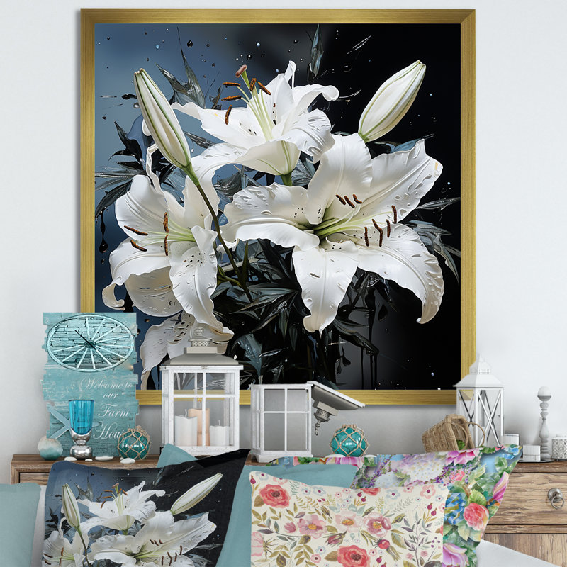 Breloque lis blanc et bleu I, Cadre doré simple, H 24 po x l 24 po x P 1 po