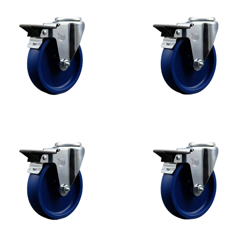 5 Inch Solid Poly Wheel Swivel Bolt Hole Caster Set with Posi Lock Brakes SCC