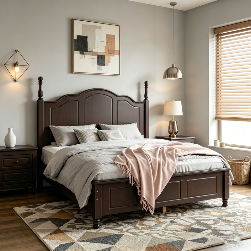 Base de lit plateforme en bois pour grand lit, Grand lit, Noyer foncé
