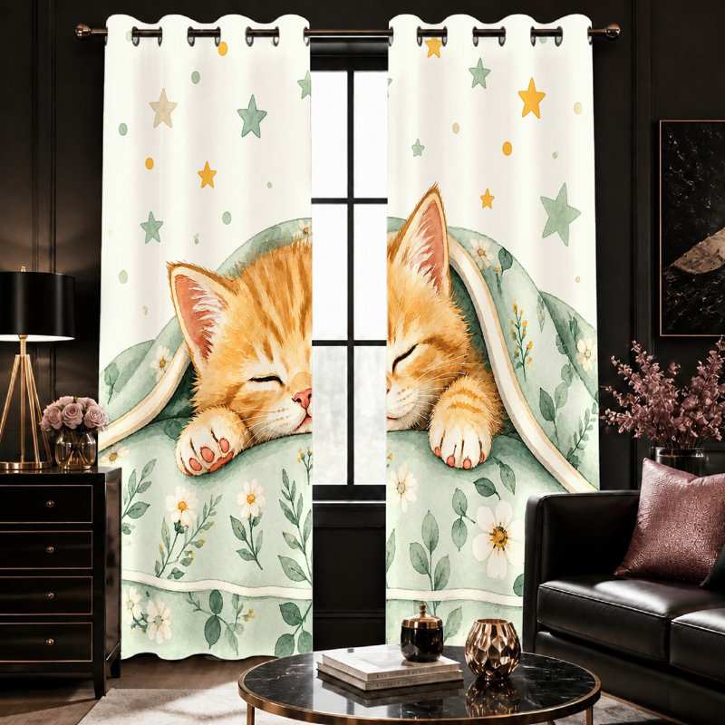 2Pcs rideaux mignons de type chaton endormi, 53 * 96 pouces * 2 pièces