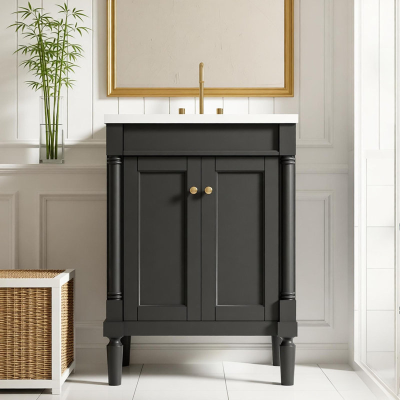 Meuble-lavabo 24 po avec lavabo supérieur, meuble de rangement moderne à 2 niveaux, meuble-lavabo simple, grandes tablettes de rangement
