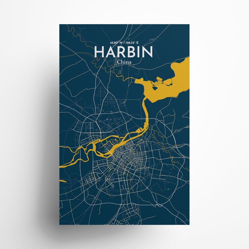 «Harbin City Map», impression, H 17 po x l 11 po, Bleu / Jaune