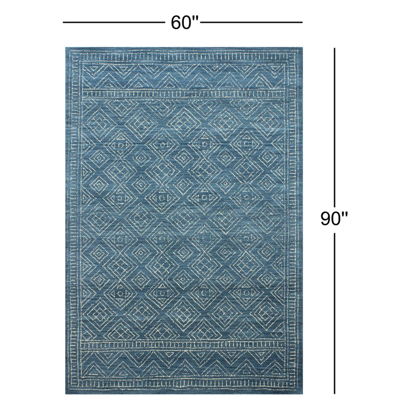 Kory Geometric Handmade Looped/Hooked Wool Azure Area Rug, Rectangle 5' x 7'6"
