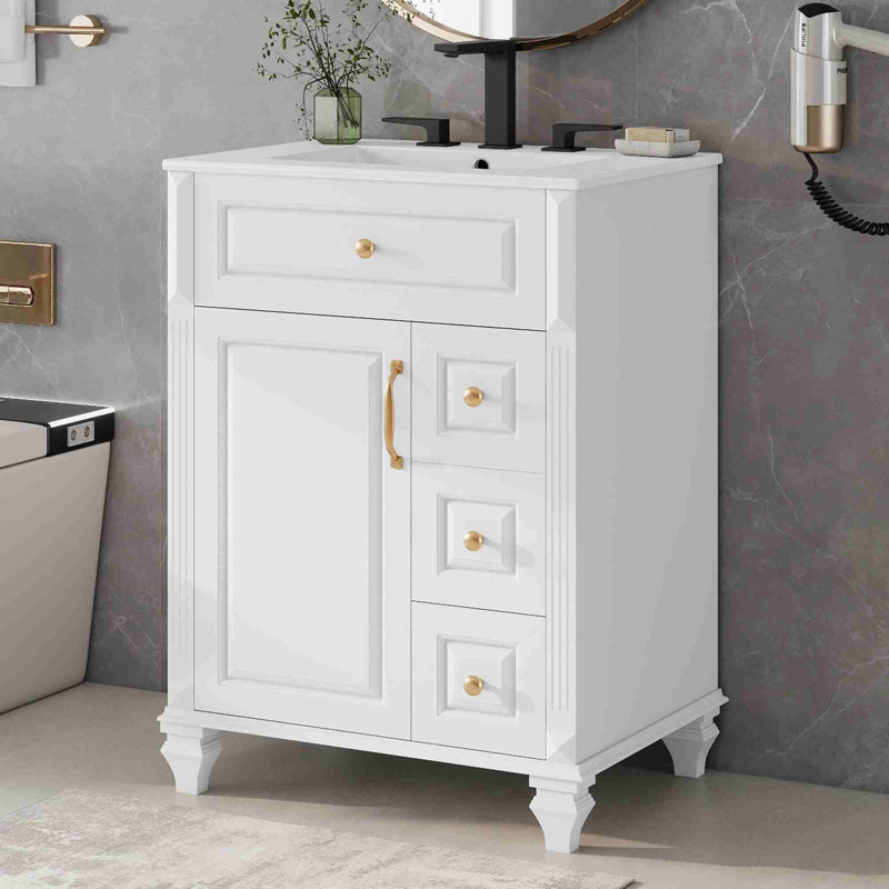 Meuble-lavabo de salle de bain avec lavabo, Blanc, Doré, 24"