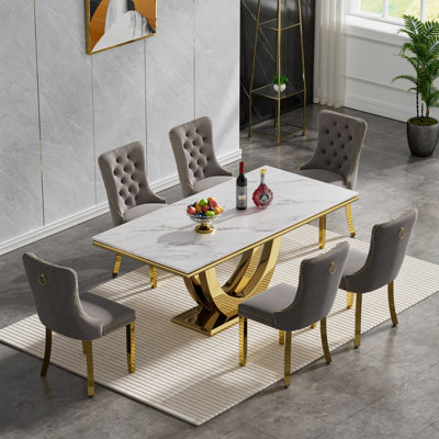Luxury Marble Dining Table Set for , 68" Dining Room Table with Dining Chairs, White Dining Table with Faux Marble Top & Stainless Steel Pedestal, Large Dining Table and Chairs Set for Home Furniture