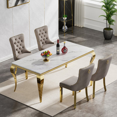 68" Luxury Faux Marble Dining Table Set, Modern Kitchen Table with Stainless Steel Pedestal, Modern Dining Room Table with Velvet Dining Chairs, Dining Table Set