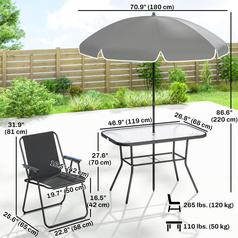 Ensemble 8 pièces de table et chaises de patio avec parasol pour jardin, noir, Noir