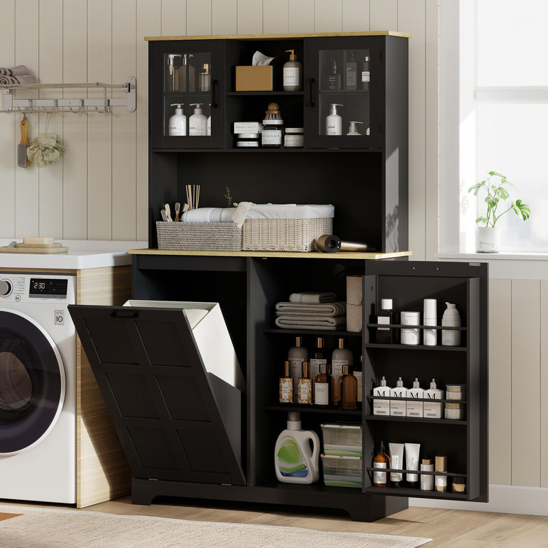Armoire de cuisine avec station de charge et armoire à poubelle, Noir