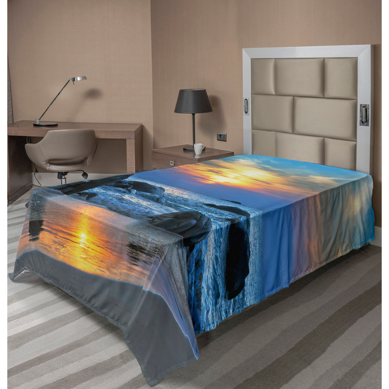 Drap Ambesonne Sunset Top Sandy Peaceful Beach - bleu / jaune, Drap plat pour lit simple