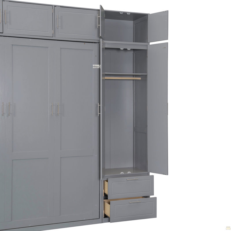 Grand lit escamotable mural avec armoire supérieure, Gris