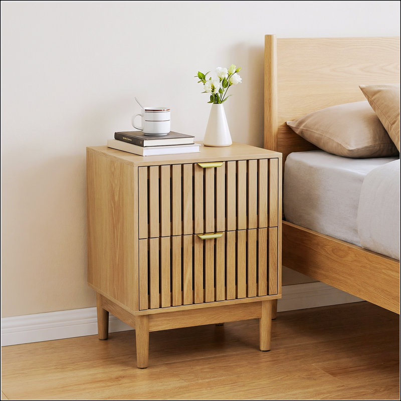 Mid-Modern Style Oak Bedside Table With Grille Design And Two Drawers, Perfect For Bedrooms And Living Spaces