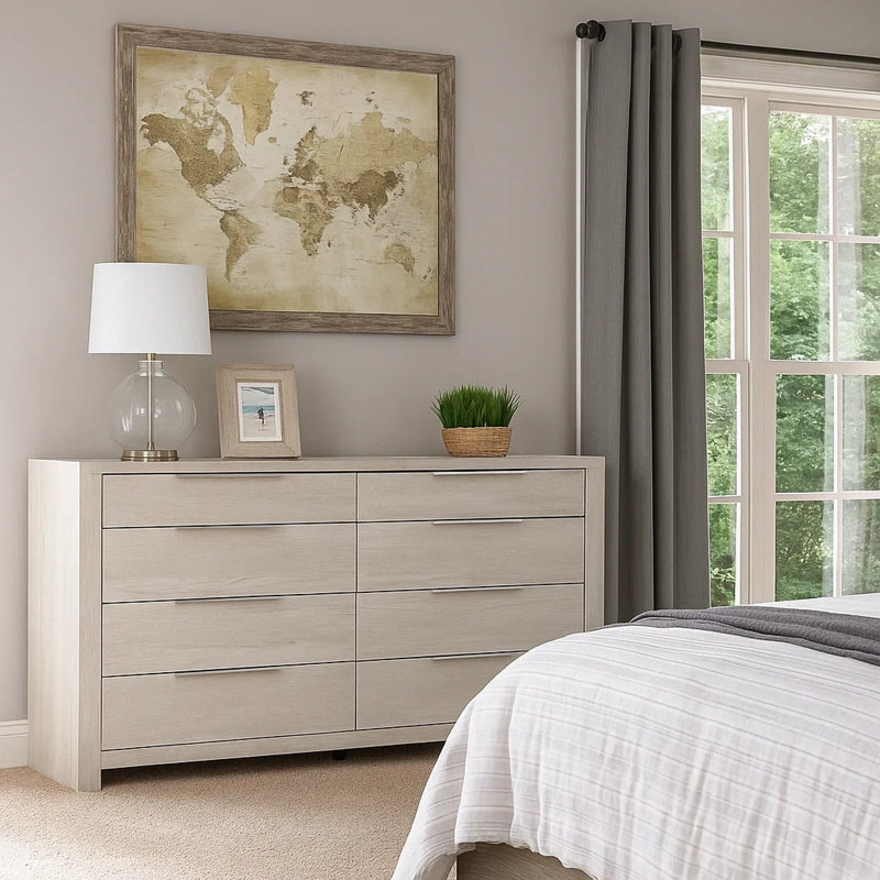 Commode large Geya, 8 tiroirs avec poignées en métal chromé, gris clair, Beige