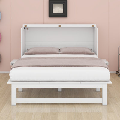 White Queen Murphy Bed Cabinet with Charging Station and Side Shelves, Space-Saving Wall Bed Frame