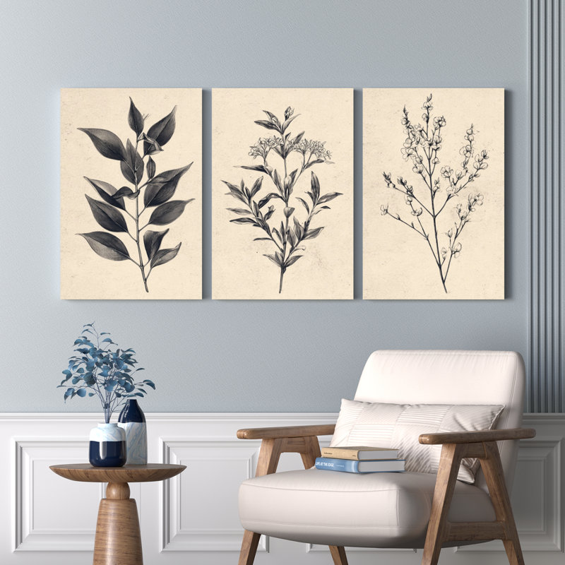 Ensemble de 3 reproductions d'art botanique sur toile à motif de feuilles et de fleurs Botanical, H 30 po x l 60 po