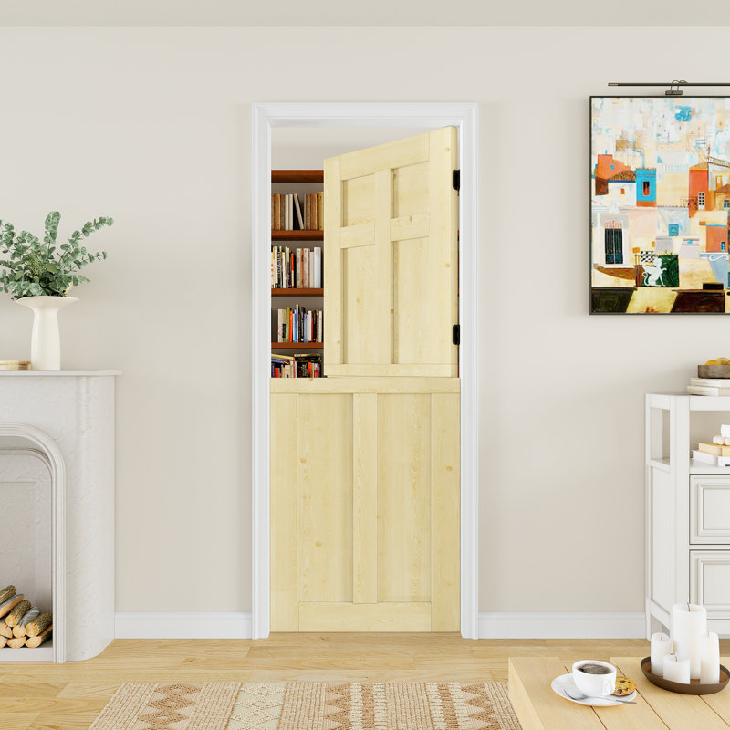 Porte semi-intérieure en bois de pin massif non fini avec dalle en bois de pin massif 6 panneaux, 32 po x 80 po