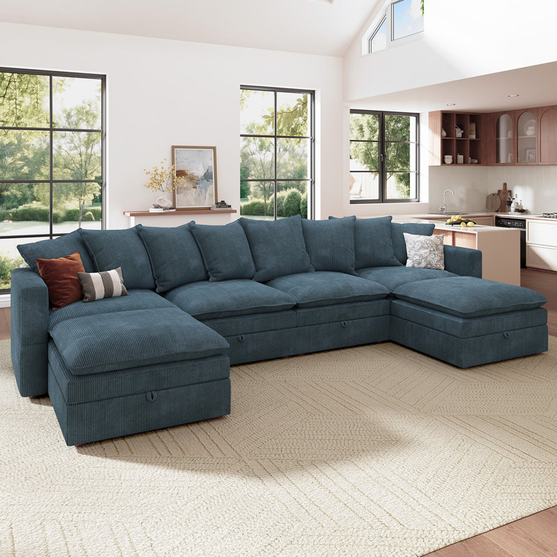 Wynter U-shaped Corduroy Modular Sectional Upholstered Storage Cloud Couch, Blue Corduroy