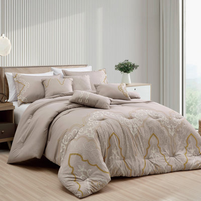 Ensemble d'édredon pour grand lit 7 pièces avec motif brodé, microfibre douce, 100% polyester, collection de literie toutes saisons