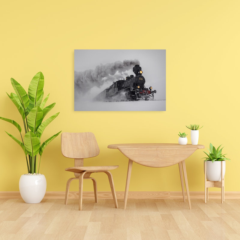 Hiver train à vapeur, paysage rétro rétro, impression d'art mural, 24" H x 36" W