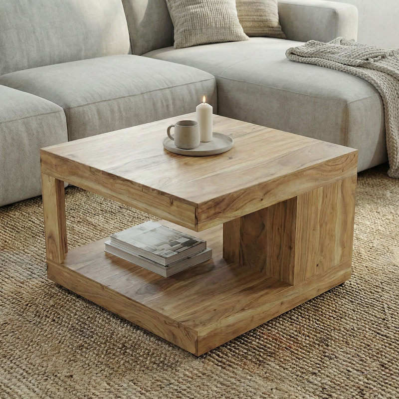 Square Solid Acacia Wood Coffee Table with Storage Shelf