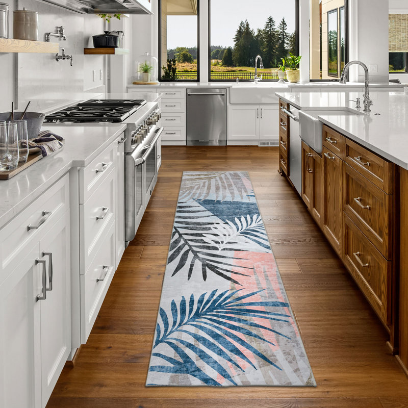 Jasmine Modern Plant Leaf Design Washable And Foldable Area Rugs for Living Room Bedroom Blue Black Pink White/Multi