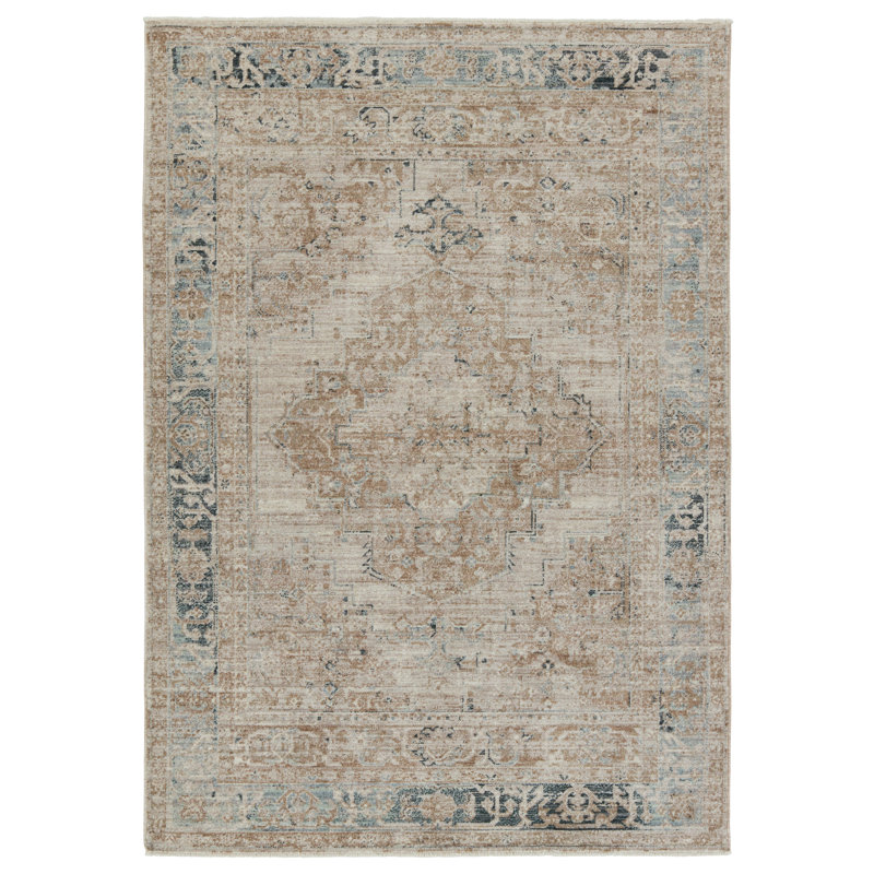 Tapis oriental tissé à la machine Debbe en polyester taupe / bleu, Rectangle 5 pi x 7 pi 6 po
