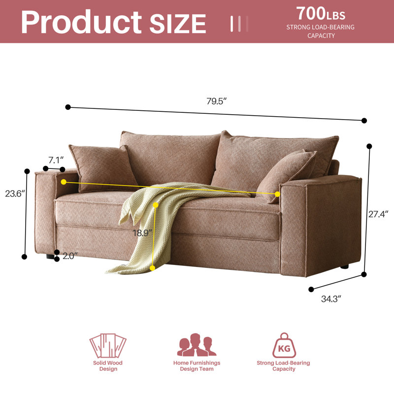 Alcantara 3-Seater 79.5'' Modern Upholstered Sofa with Square Armrests and 2 Throw Pillows, Pink