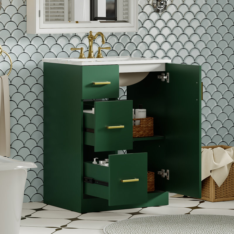 Meuble-lavabo de salle de bain avec lavabo - Armoire de rangement compacte avec tiroirs à fermeture en douceur, Vert, Or