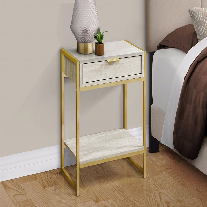 Table d'appoint, table d'appoint, table de bout, table de chevet, lampe, tiroir de rangement, stratifié, métal doré, contemporain, moderne