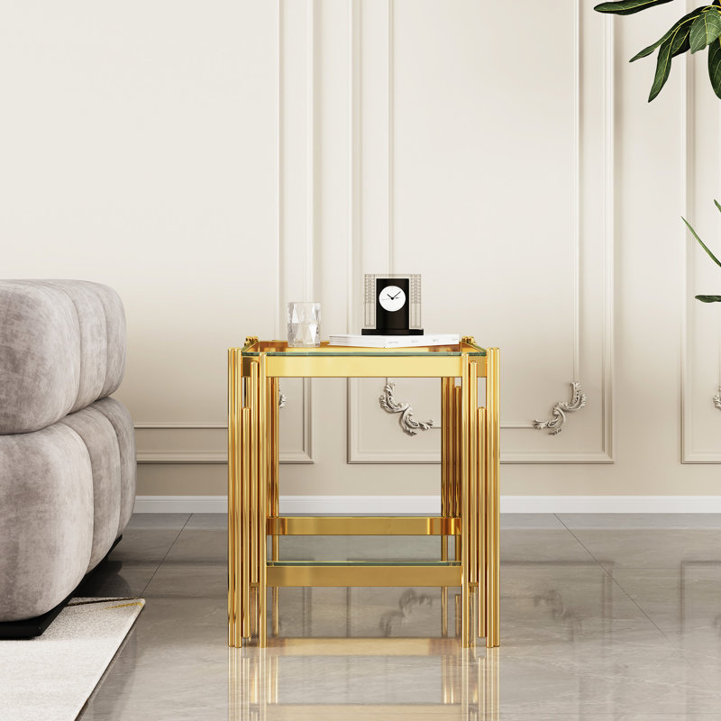 Table de bout en verre trempé à double couche avec cadre en acier inoxydable à finition miroir, doré, peu encombrant et facile à installer