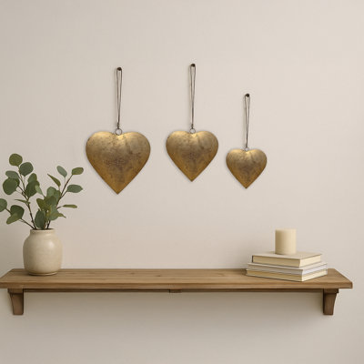 Myri Decorative Metal Heart Wall Decor Set Of 3, Antique Gold Iron With Jute Hanging Rope, 12, 9.5, 7 Inches