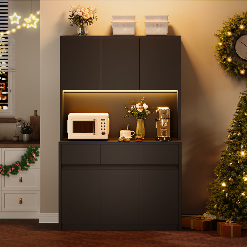 Garde-manger de 71 po de hauteur avec tablettes réglables, 3 tiroirs, huche de rangement de coin café, Noir mat
