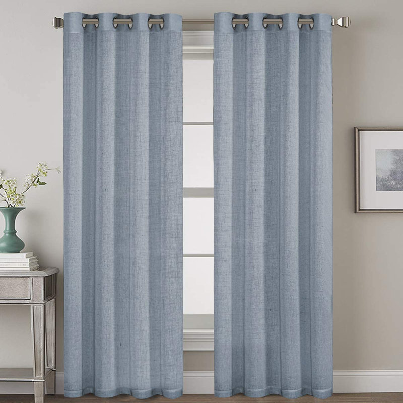 2 panneaux de rideaux en lin de couleur unie avec œillets Lyla, Bleu pierre, L 52 po x L 108 po