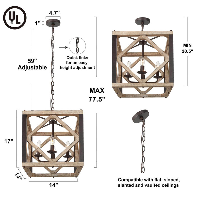 Luminaire suspendu carré à 4 lumières avec accents en bois Rihann