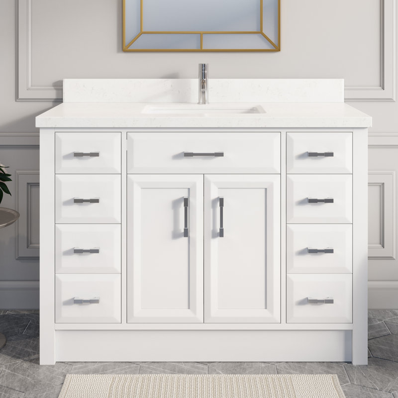 Capri Solid Wood 48" W x 22" D Single Sink Bathroom Vanity with Engineered Stone Top, Drawer Organizer, Undermount Ceramic Sink, Pre-Assembled (White) 