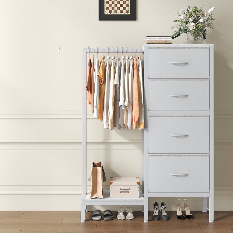 Dresser with Hanging Rack, 4 Drawers Small Closet for Bedroom,  with Clothes Rack, Tall Storage Tower, Sturdy Frame, White