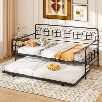 Twin Daybed With Trundle Curved Backrest & Armrests Heavy-duty Metal Slats