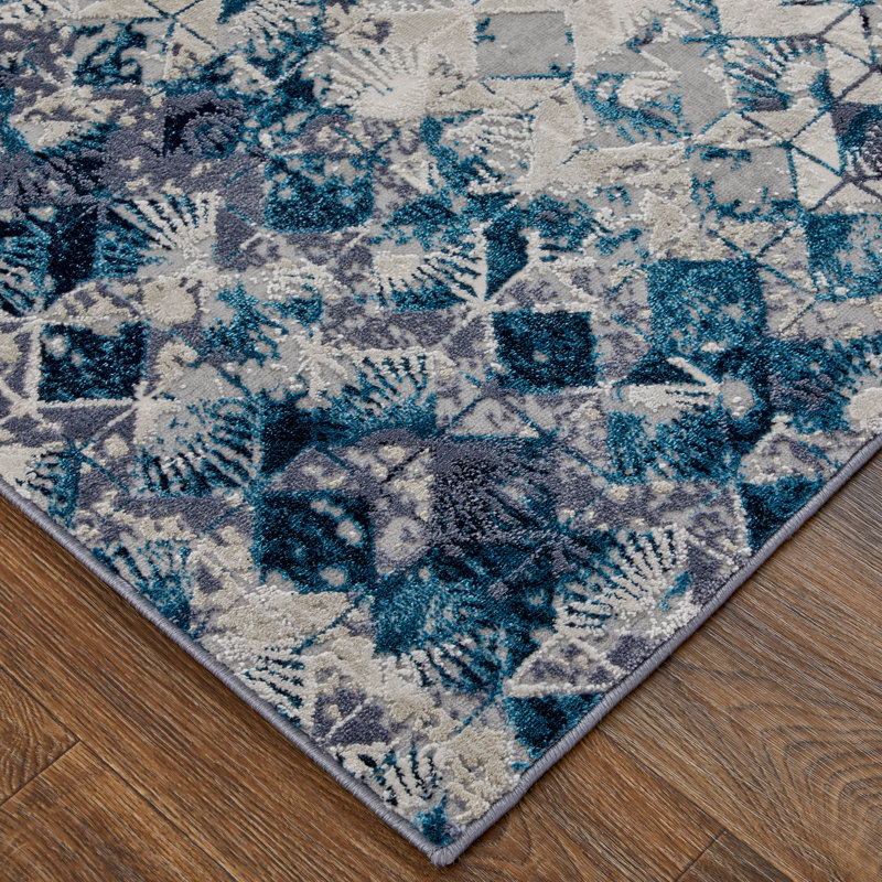 Tapis géométrique en polyester tissé à la machine bleu / ivoire / gris Frimberger, Rectangle de 5 pi x 8 pi
