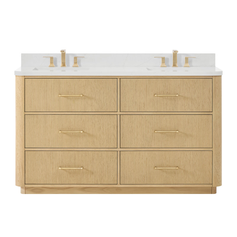 Meuble-lavabo double Francesca 60 po en chêne scandinave, comptoir arrondi en quartz Giotto, lavabos carrés encastrés (3 trous), garniture en bronze satiné