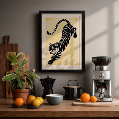 Stretching Tiger Japandi - Framed Print