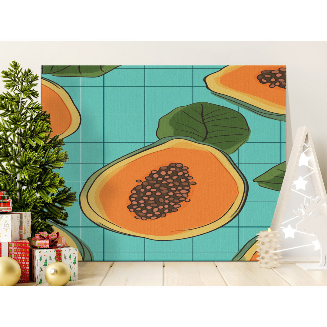Tropical Papaya Kitchen Wall Art Canvas Print, Vibrant Fruit Decor, Retro Teal Grid Summer Wall Hanging for Home Decor Gift