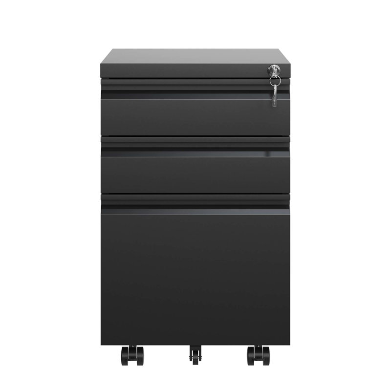 Classeur verrouillable en métal pour bureau, 3 tiroirs, noir, entièrement assemblé, intérieur spacieux, classeur mobile à mobilité douce, métal, matériel de bureau sécuritaire, mouvement