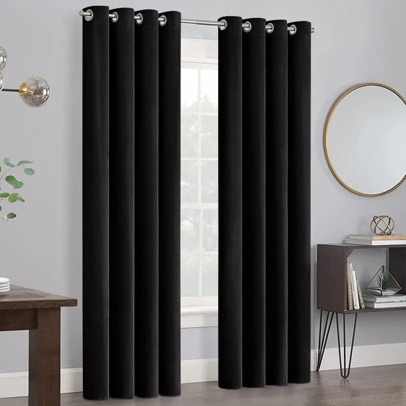 Myron Heavy Crushed Velvet Eyelet Room Darkening Thermal Drape Curtains, Black, 117cm Width x 137cm Drop